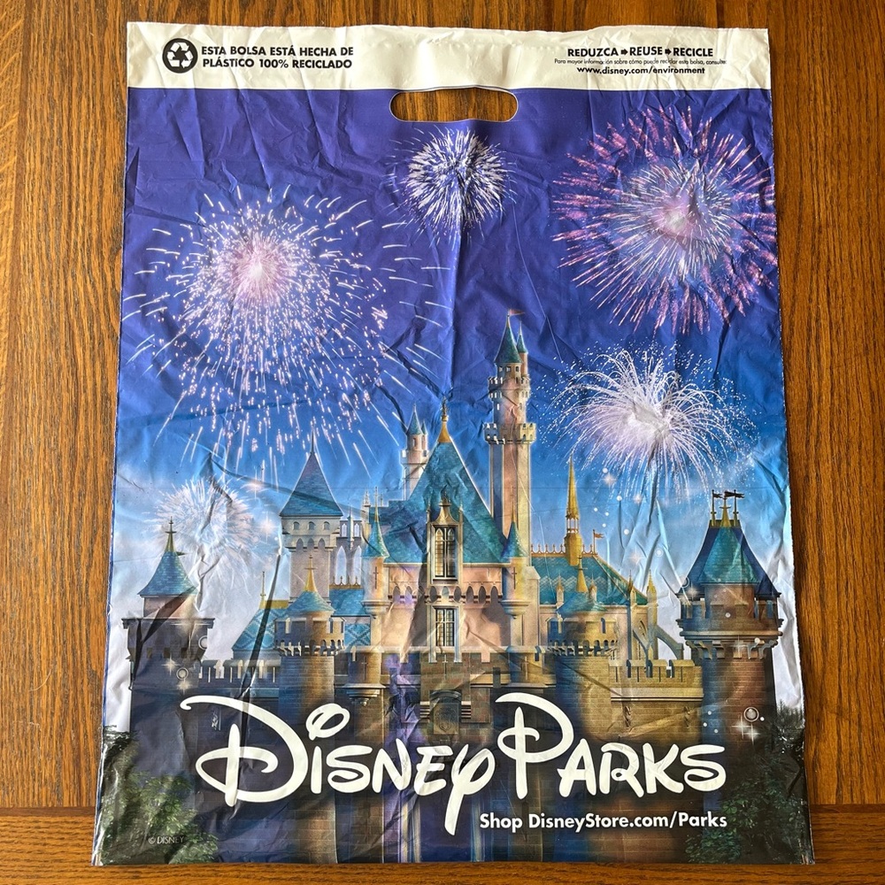 Disney Parks World Plastic Shopping Bag Large Double Sided Fireworks Castle